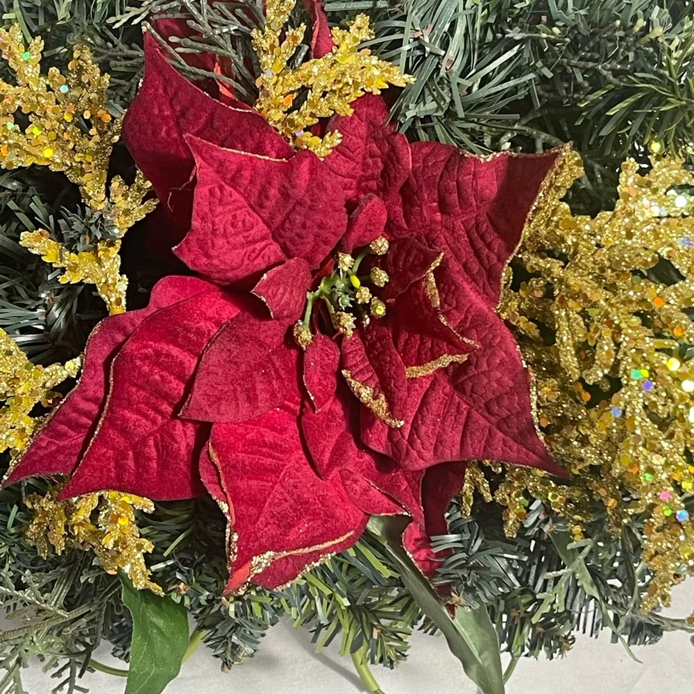 Christmas Wall Swag with Red Poinsettia & Gold Glitter Picks on Green Frame
